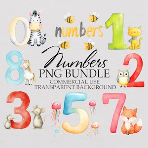 Clipart PNG de números en acuarela: Números de animales de dibujos animados, ilustración de regreso a clases para educación Montessori, tarjetas didácticas digitales. Del 1 al 10