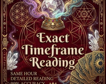 Könnte beinhalten: Eine dunkelrote Grafik mit einer zentralen Kristallkugel auf einem mit Totenköpfen verzierten Sockel, umgeben von Tarotkarten, Kristallen und geometrischen Mustern. Der Text lautet Exact Timeframe Reading, SAME HOUR DETAILED READING, 99% ACCURACY, INSIGHTBYZARA.