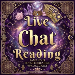 May include: A purple graphic featuring the text Live Chat Reading, Same Hour Detailed Reading, 99% Accuracy, and Insightbyzara. The design includes a crystal ball, tarot cards, and crystals, framed by gold celestial patterns and symbols.