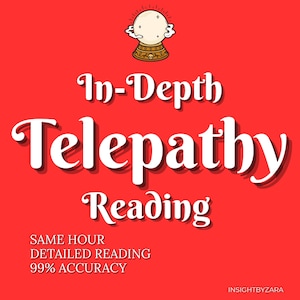 May include: A red background with a white crystal ball with stars on top, a gold base, and a skull on the front. The text "In-Depth Telepathy Reading" is in white with a shadow effect. Below the text is "SAME HOUR, DETAILED READING, 99% ACCURACY" in white. The text "INSIGHTBYZARA" is in white at the bottom of the image.