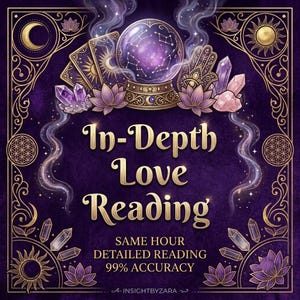 May include: A purple and gold graphic featuring a crystal ball, tarot cards, crystals, and lotus flowers. The text reads: In-Depth Love Reading, SAME HOUR DETAILED READING, 99% ACCURACY, and INSIGHTBYZARA. The design includes sun and moon motifs.