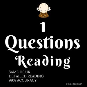 May include: Black graphic with a crystal ball illustration at the top. The text reads "1 Questions Reading" in large white letters. Additional text includes "SAME HOUR DETAILED READING 99% ACCURACY". The shop name "INSIGHTBYZARA" is at the bottom.