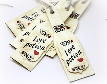 Valentine's Day Tags (Triple Layered) - Love Potion Bottle Gift Tags - Bottle Hang Tags - Gift Wrap Labels - Handmade Gift Tags  (Set of 8)