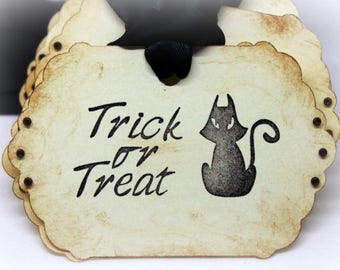 Halloween Gift Tags (Double Layered) - Trick or Treat Tags - Black Cat Tags - Vintage Inspired Handmade Tags (Set of 8)