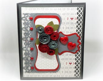 Valentine's Day Card - English Roses - Feb 14th - Love Card - Red Roses - Red Heart - Grey and Red Handmade Valentine Card