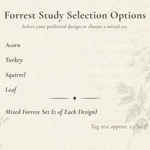 Forest Study Selection Options graphic listing Acorn, Turkey, Squirrel, Leaf and a Mixed Forest Set with 2 of each design. Text notes an approximate tag size of 1.5 by 1.5 inches.