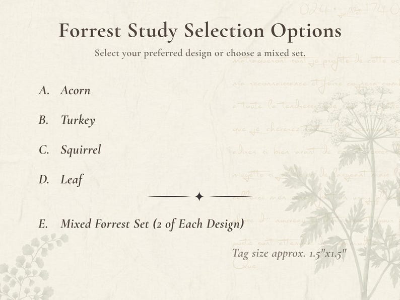 Forest Study Selection Options graphic listing Acorn, Turkey, Squirrel, Leaf and a Mixed Forest Set with 2 of each design. Text notes an approximate tag size of 1.5 by 1.5 inches.