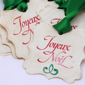 Etykiety świąteczne (podwójne warstwy) - Joyeux Noel Wesołych Świąt Francuskie Boże Narodzenie - Etykiety prezentowe inspirowane stylem vintage - Zestaw 8 sztuk