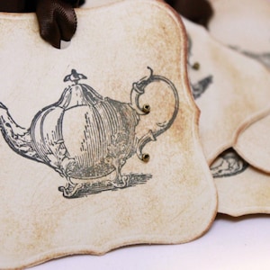 Vintage Inspired Tea Pot Tags Accented with Beads (Double Layered) - Tea Party Tags - Tea Party Favors  - Set of 8