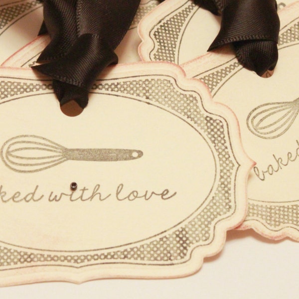 Baked with Love Food Label Tags (Double Layered) - Vintage Food Label Tags Baked Goods Gift Tags Food Tags Whisk Gift Tags - Set of 8