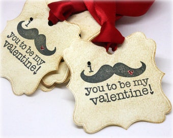 Valentine's Day Gift Tags (Double Layered) - Mustache Package Labels - Handmade Retro Style Candy Favor Tag (Set of 8)