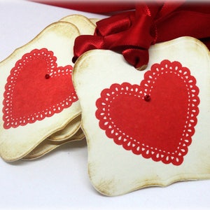 Giorno di San Valentino regalo Tag (doppio strato) - Centrino cuore Tag - Handmade matrimonio stile Vintage amore regalo Wrap Party Favor etichette (Set di 8)
