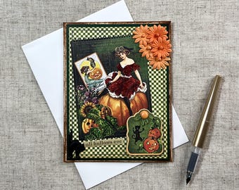 Pumpkin Lantern Evening Handmade Card | Masquerade and Figures Study | Midnight Archive Collection
