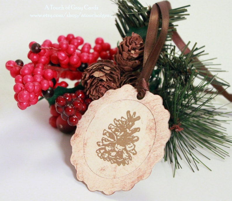 Set of 8 Handmade Vintage Inspired Christmas Gift Tags - Framed Pine Cone Christmas Tags Tripled Layered