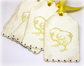 Easter Gift Tags (Double Layered) - Handmade Baby Chick Hang Tags - Chicken - Vintage Style - Baby Shower - Farm Animal Labels (Set of 8)