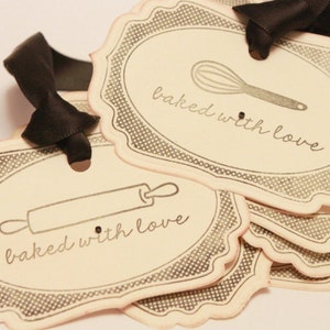 Baked with Love Food Label Tags (Double Layered) - Vintage Food Label Tags Baked Goods Gift Tags Food Tags - Set of 8 - Mixed Set