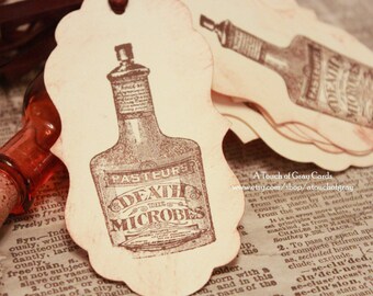 Halloween Gift Tags (Double Layered) - Death Microbes Bottle Tags - Vintage Inspired Handmade Halloween Tags (Set of 8)