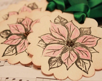 Christmas Tags (Doubled Layered) - Poinsettia Gift Tags - Handmade Vintage Inspired Christmas Gift Tags - Set of 8