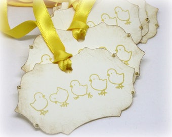 Easter Gift Tags (Double Layered) - Handmade Baby Chick Hang Tags - Chicken - Vintage Style - Baby Shower - Farm Animal Labels (Set of 8)