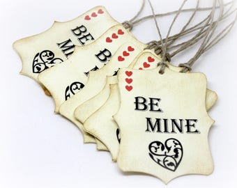 Valentine's Day Tags (Double Layered) - Be Mine - Be My Valentine - Heart Tags - Handmade Vintage Style Wrapping Labels  (Set of 8)