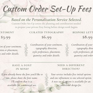 Custom order set-up fee guide for personalized gift tags, showing separate fees for Sentiment, Curated Typography and Bespoke Lettering services, plus information about font requests and additional design options.