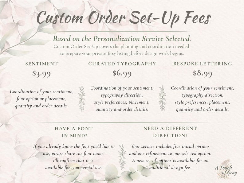 Custom order set-up fee guide for personalized gift tags, showing separate fees for Sentiment, Curated Typography and Bespoke Lettering services, plus information about font requests and additional design options.