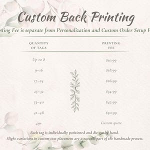 Custom back printing fee guide for individually hand die-cut gift tags, with pricing based on order quantity from up to 8 through 48 tags and custom quotes for 49 or more. Notes that each tag is positioned and die-cut by hand, so slight variations in text placement may occur.
