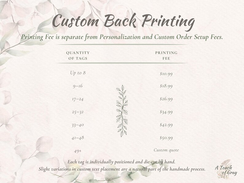 Custom back printing fee guide for individually hand die-cut gift tags, with pricing based on order quantity from up to 8 through 48 tags and custom quotes for 49 or more. Notes that each tag is positioned and die-cut by hand, so slight variations in text placement may occur.