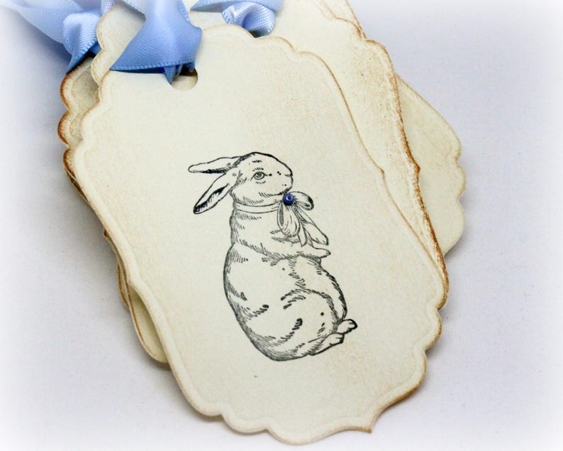 Easter Gift Tags Double Layered Handmade Bunny Hang Tags Rabbit Vintage Style Rabbit Baby Shower Farm Animal Labels Set of 8 image 3