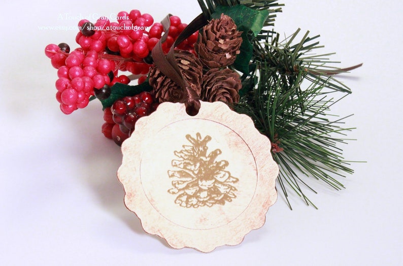 Set of 8 Handmade Vintage Inspired Christmas Gift Tags - Framed Pine Cone Christmas Tags Tripled Layered