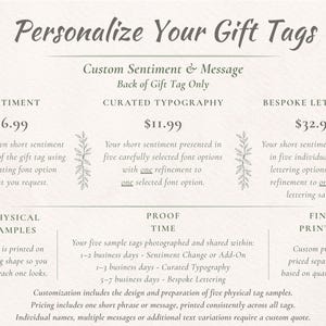 Personalization options for hand-stamped gift tags with custom text on the back, showing Sentiment, Curated Typography and Bespoke Lettering services, pricing, five physical tag samples, proof times and final printing information.