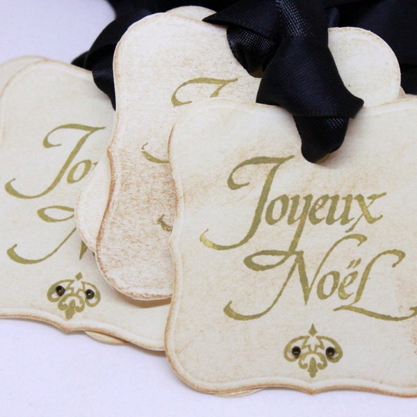 Christmas Tags (Doubled Layered) - Joyeux Noel Merry Christmas French Christmas - Vintage Inspired Christmas Gift Tags  - Set of 8