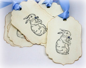 Easter Gift Tags (Double Layered) - Handmade Bunny Hang Tags - Rabbit - Vintage Style Rabbit - Baby Shower - Farm Animal Labels (Set of 8)