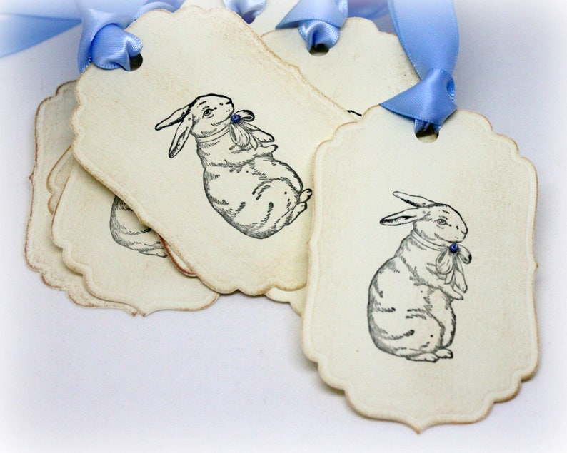 Easter Gift Tags Double Layered Handmade Bunny Hang Tags Rabbit Vintage Style Rabbit Baby Shower Farm Animal Labels Set of 8 image 1