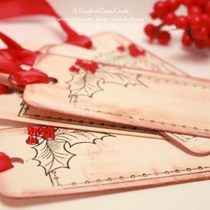 Christmas Gift Tags (Double Layered) - Holly and Berry Tags - Vintage Inspired Handmade Tags - Set of 6