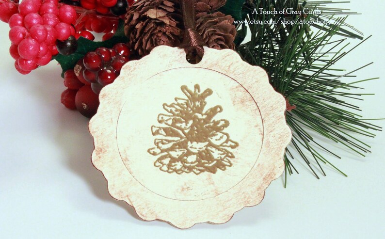 Set of 8 Handmade Vintage Inspired Christmas Gift Tags - Framed Pine Cone Christmas Tags Tripled Layered
