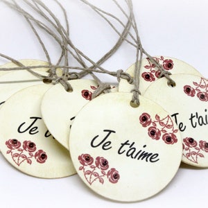 Valentinstag-Tags (doppellagig) - Ich liebe dich hängen Stichwörter - Französisch Tags - Je t ' aime - Rose Etiketten - Hochzeit Wunschbaum (Satz von 8)