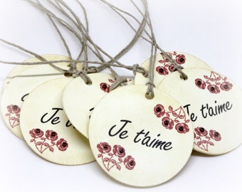 Valentine's Day Tags (Double Layered) - I Love You Hang Tags - French Tags - Je T'aime - Rose Labels - Wedding Wish Tree  (Set of 8)