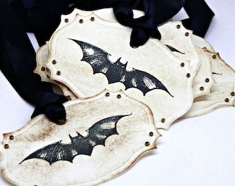 Halloween Gift Tags (Double Layered) - Vintage Flying Bat - Vintage Inspired Handmade Halloween Tags (Set of 8)