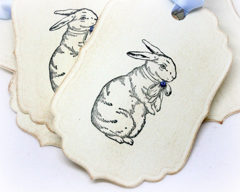 Easter Gift Tags Double Layered Handmade Bunny Hang Tags Rabbit Vintage Style Rabbit Baby Shower Farm Animal Labels Set of 8 image 2