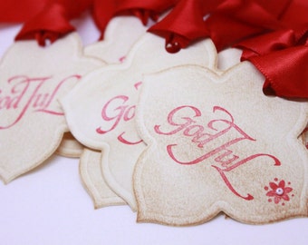 Weihnachten Tags (doppelt gelegt) - God Jul - handgemachte norwegische Christmas Gift Tags - Vintage Weihnachten inspirierten hängen Tags - Satz von 8