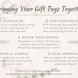 Personalized gift tag ordering process explaining how to contact A Touch of Gray, select a personalization service, review options through Etsy messages, receive five photographed physical tag samples and approve the final design before production and shipping.