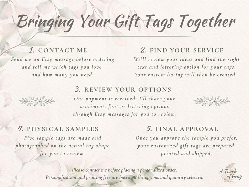 Personalized gift tag ordering process explaining how to contact A Touch of Gray, select a personalization service, review options through Etsy messages, receive five photographed physical tag samples and approve the final design before production and shipping.