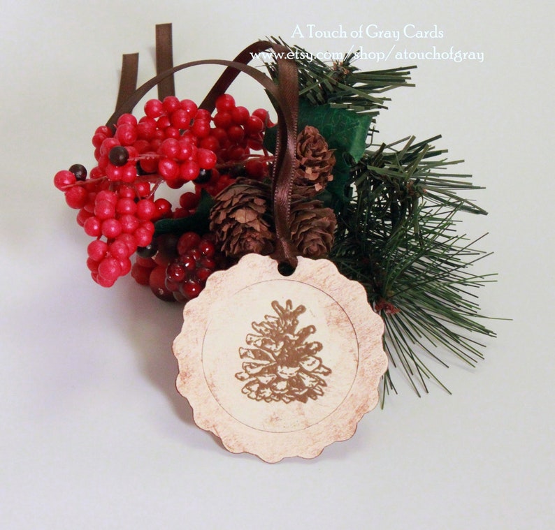 Set of 8 Handmade Vintage Inspired Christmas Gift Tags - Framed Pine Cone Christmas Tags Tripled Layered