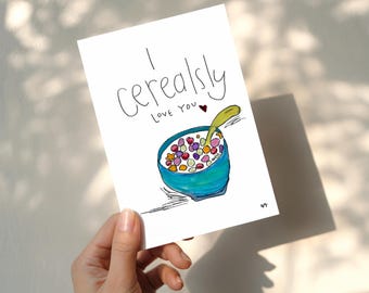 Tarjeta "Te quiero muchísimo" / Tarjeta divertida con juego de palabras sobre cereales / Tarjeta de felicitación con diseño de tazón de cereales en acuarela / Tarjeta A2 con interior en blanco