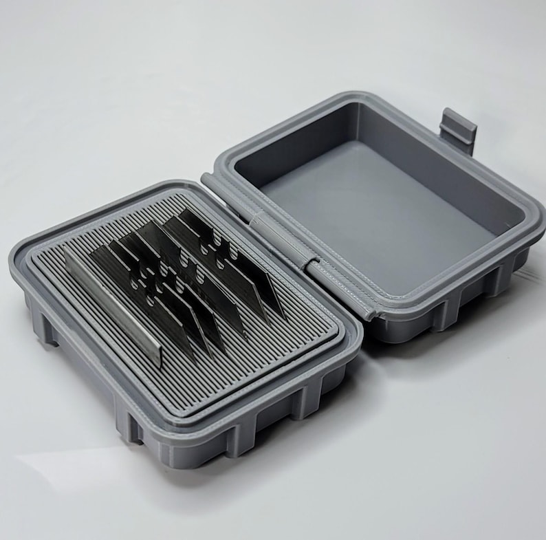 May include: An open, gray plastic storage box with a hinged lid. Inside, a tray with a slotted design holds several metal blades. The box is designed to protect and organize the blades.