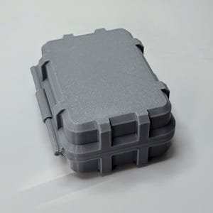 May include: A small, gray, rectangular case with a textured surface. The case has a hinged lid and secure latches. The case is designed to protect its contents.