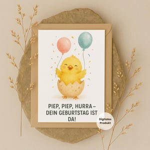 Digitale Geburtstagskarte mit Küken Kindergeburtstagskarte zum Ausdrucken Süße Karte mit Ballons Sofort Download