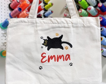Personalized Black Cat Tote Bag, Custom Name Embroidered, Personalized Gift for Her