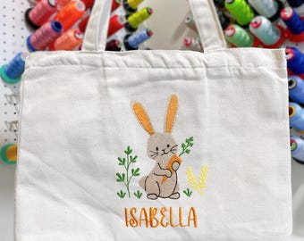 Personalized Embroidered Bunny Tote Bag | Custom Name Canvas | Kids School Bag